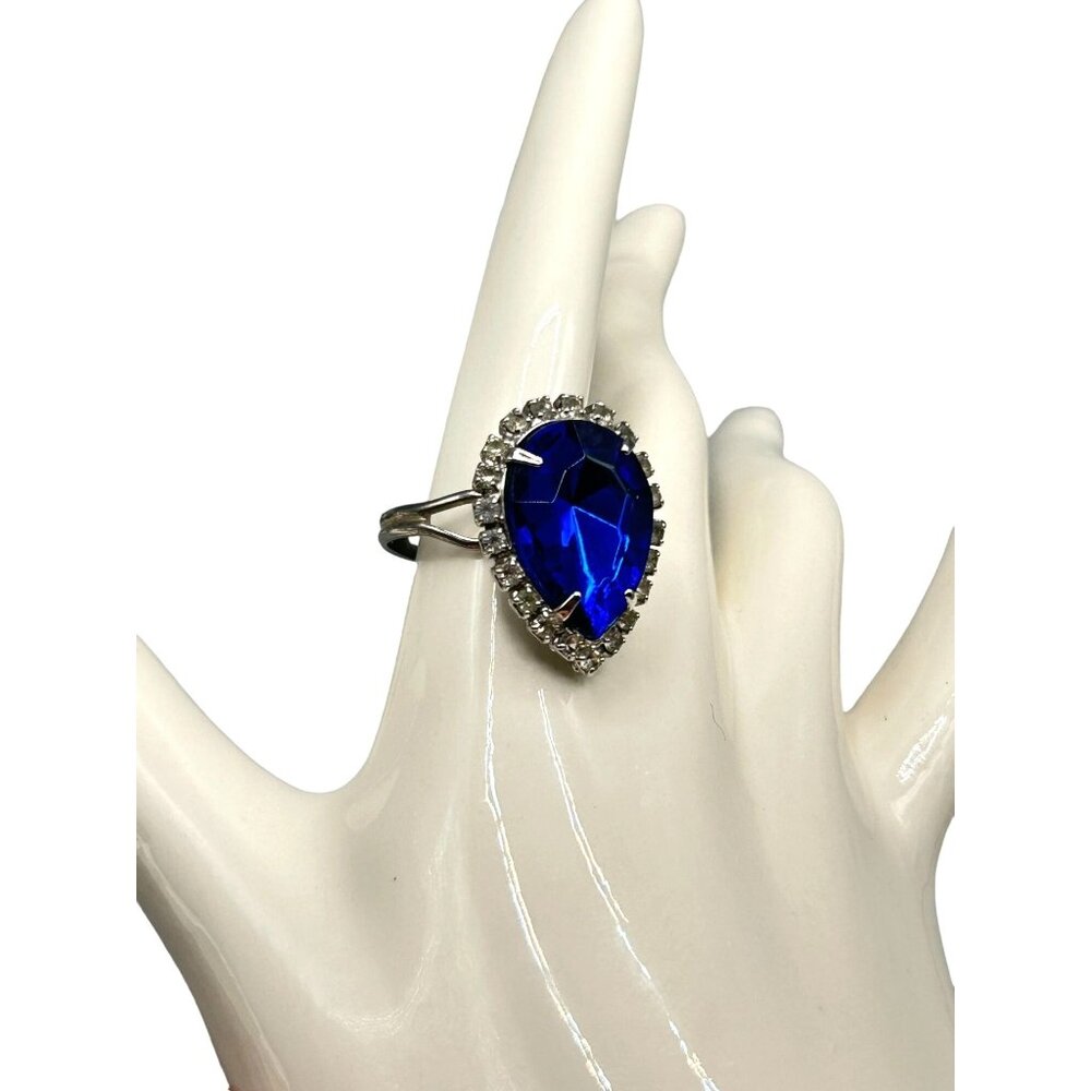 Blue Teardrop Rhinestone Ring with Adjustable Band Statement Costume Ring